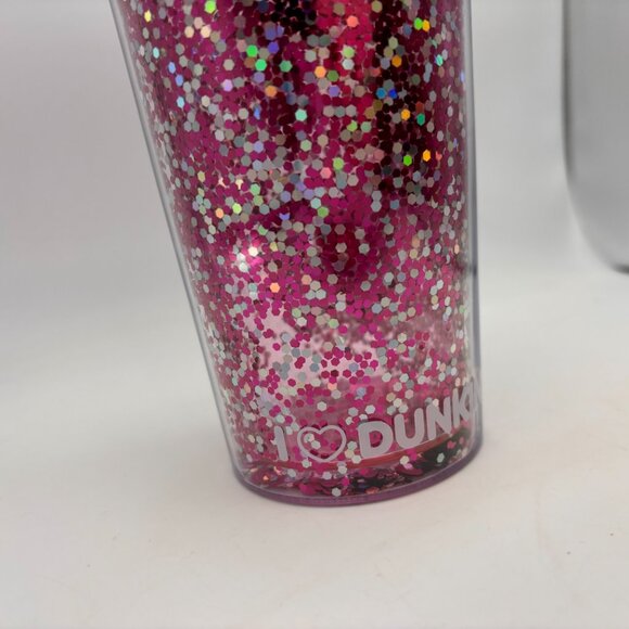 Dunkin Donuts I Love Dunkin Heart Glitter Coffee Cup Missing Straw Pink 24 oz - Picture 3 of 16